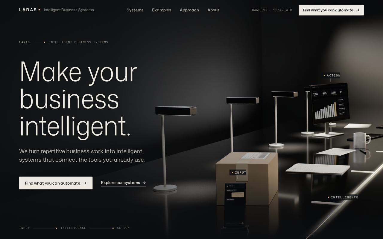 Home page of laras.tech: the headline “Make your business intelligent.” beside a dark 3D scene of a desk with lamps, a parcel, a phone and a screen.