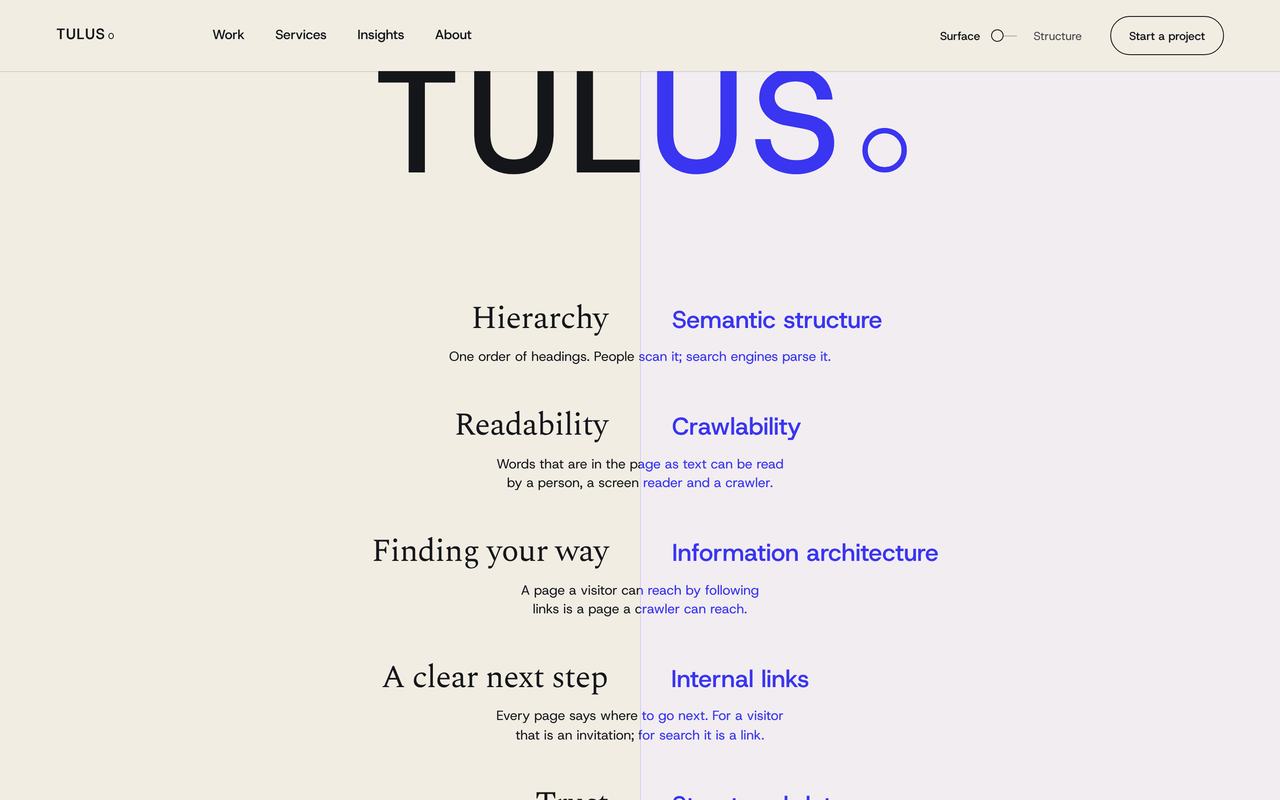 A part of the home page of tulus.studio: the word TULUS set large across the middle of the page, its left half in ink on warm paper and its right half in blue on a cool ground, with pairs of terms under it such as Hierarchy and Semantic structure.